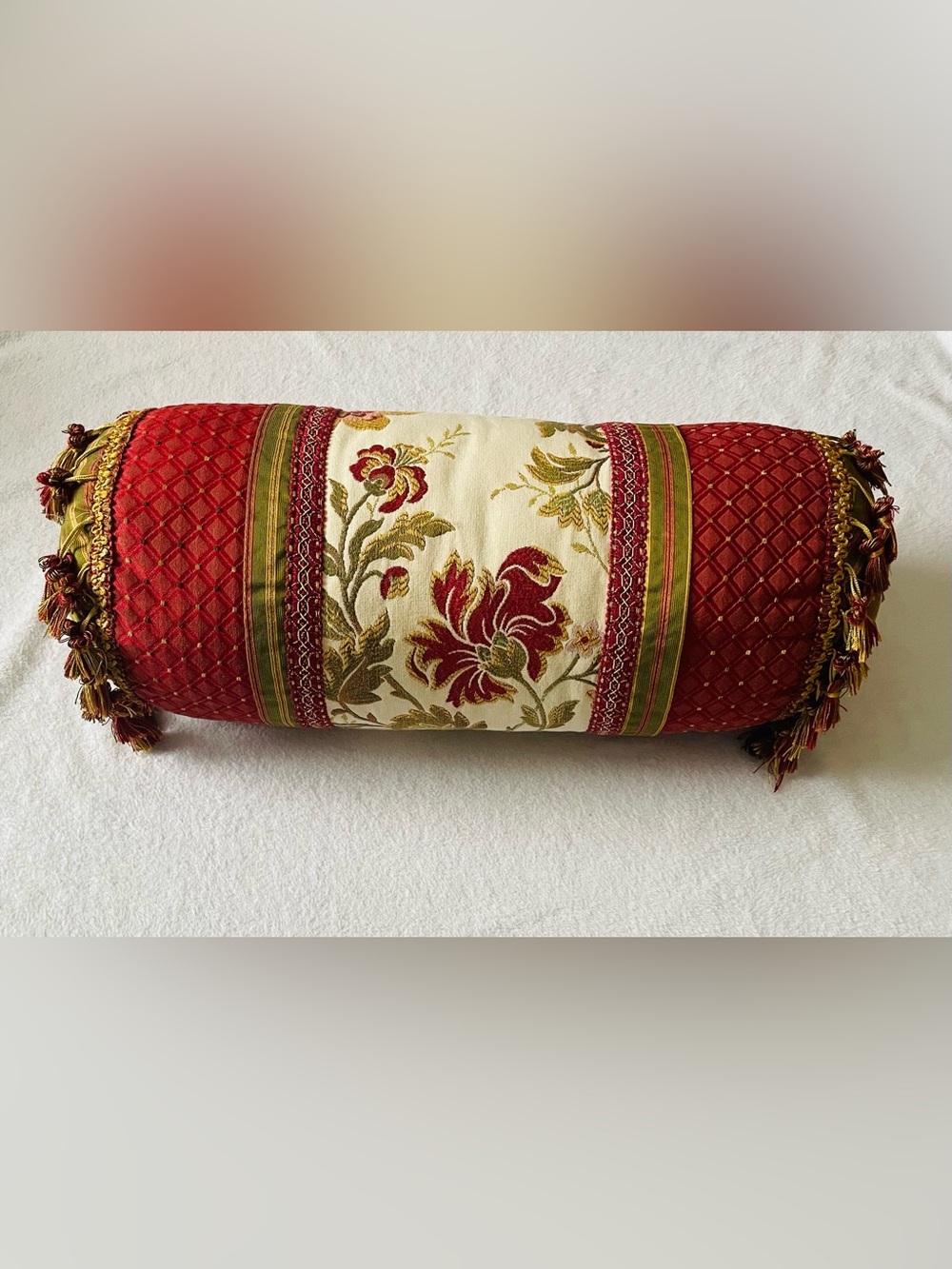 Eastern Accents Bolster Pillow 21”x 8” Red Wine Cream Embroidered Tassel Luxury